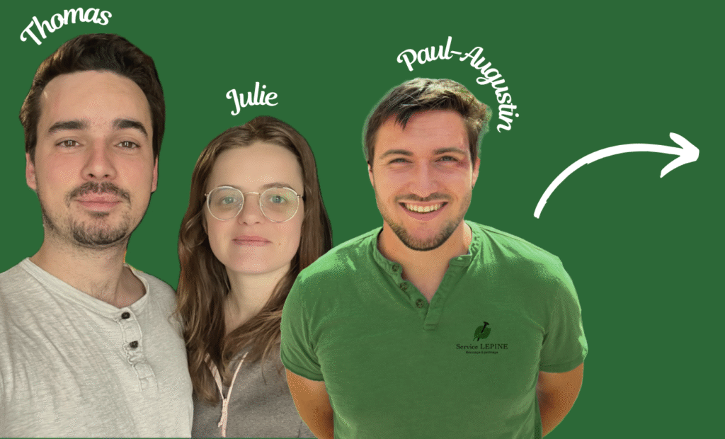 Equipe Maison solaire de Saone, Thomas, Julie, et Paul Augustin, installateur de panneaux photovoltaïques Fond vert flèche